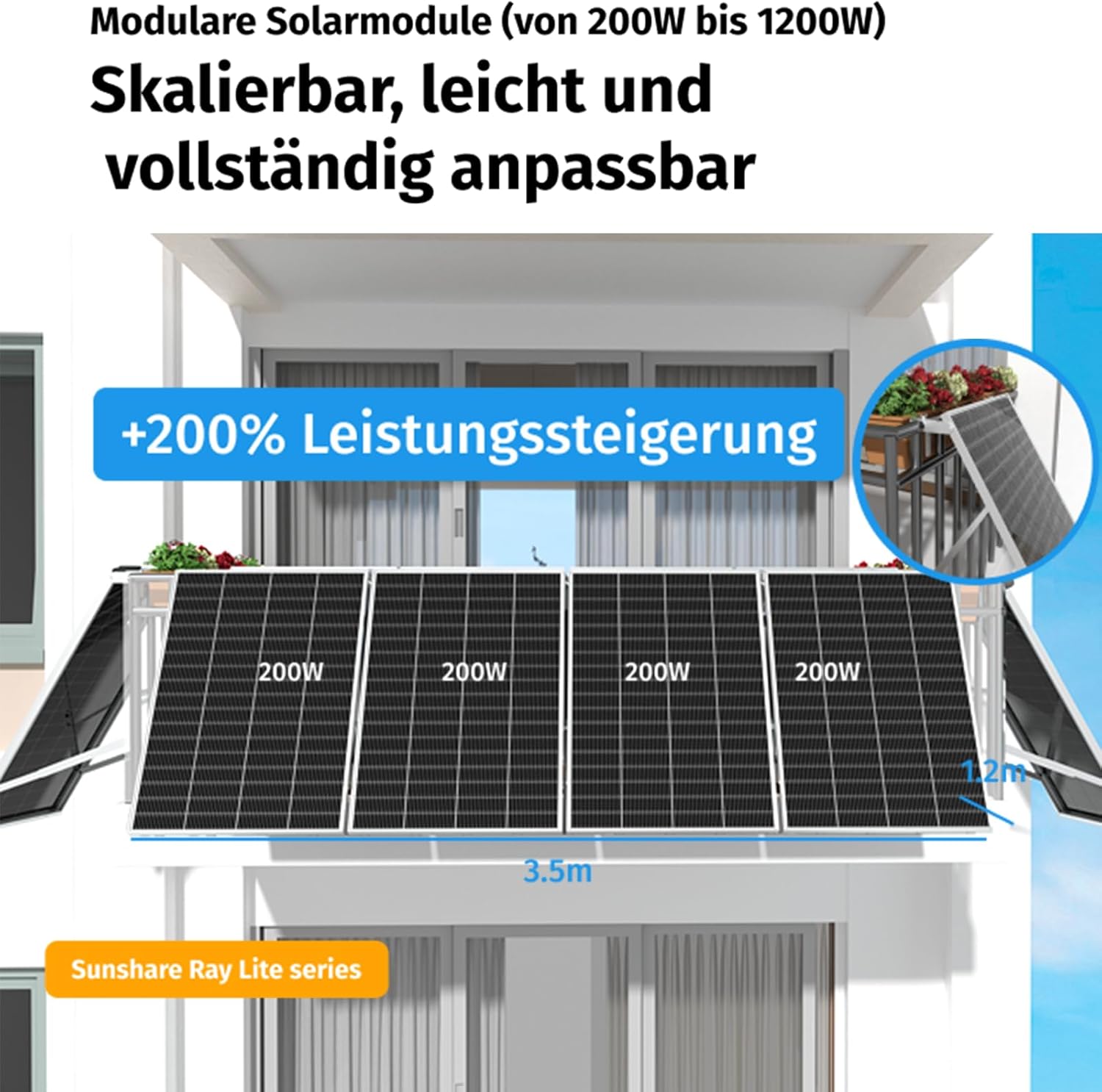 Ray Lite 1000W Balkonkraftwerk mit Halterung – Leichtes, vormontiertes Komplettset mit 800W Mikro-Wechselrichter & Solarpanel – Geeignet für verschiedene Balkone – Plug & Play