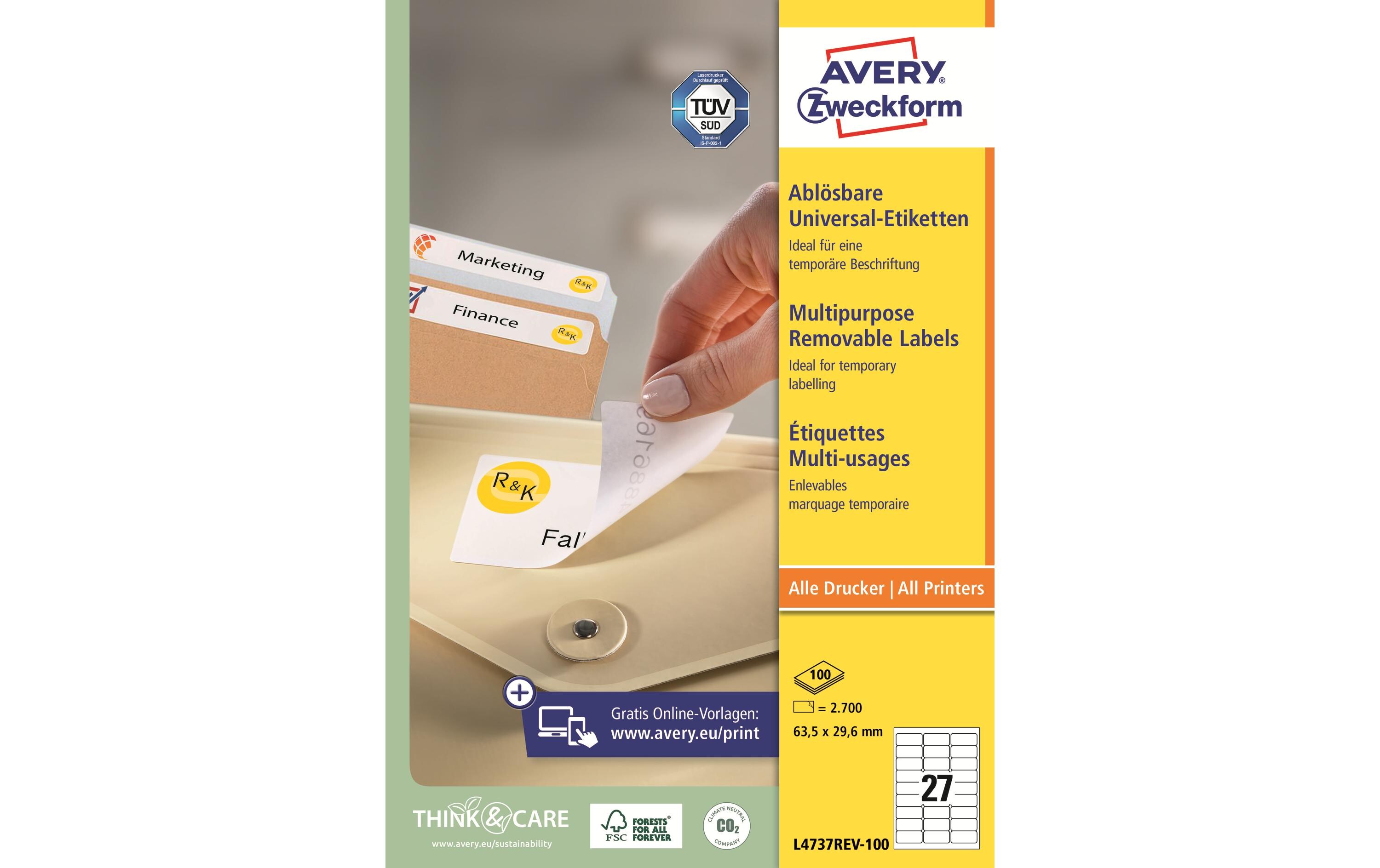 Universal-Etiketten Stick + Lift 63.5 x 29.6 mm, 100 BlattAblösbare Etiketten