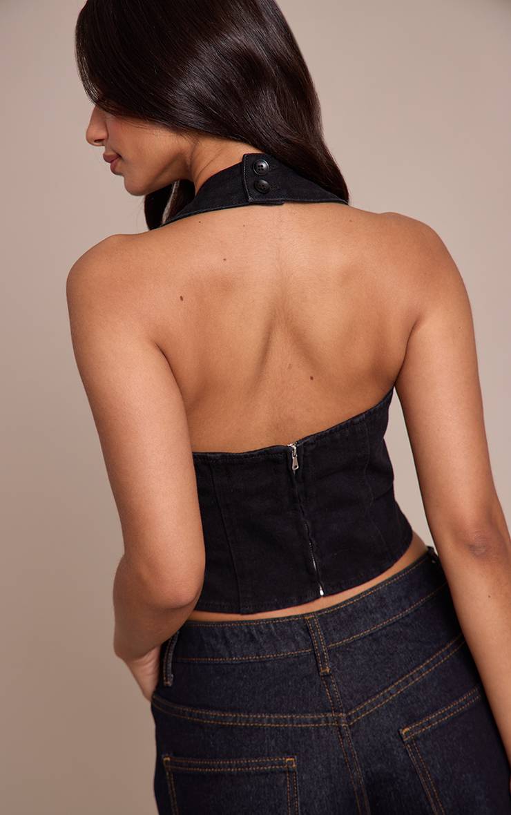 Noir Top Petite En Denim À Col Licou