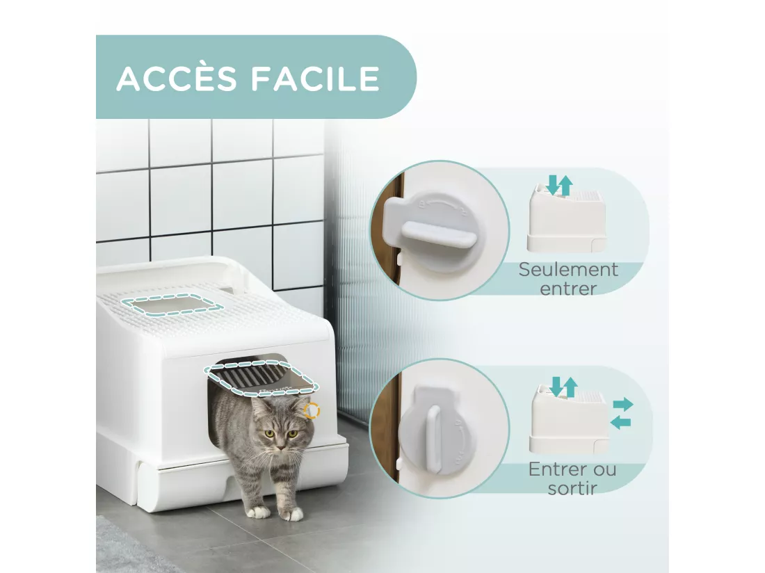 Maison de toilette chat bac à litière 2 portes - pelle, bac amovible, roulettes, poignée - PE blanc