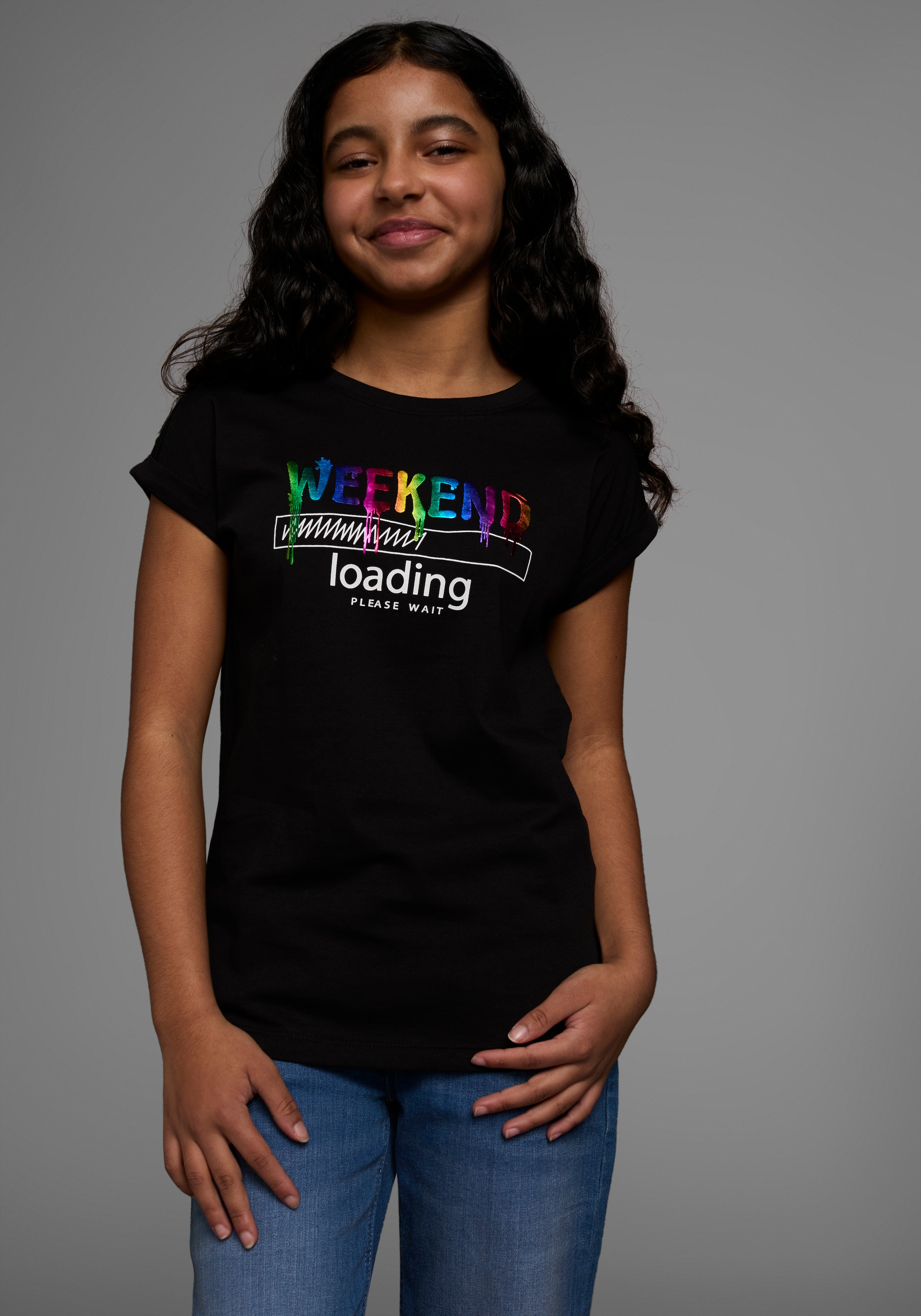 KIDSWORLD T-Shirt »WEEKEND loading...please wait«, Kurzarm,  weite Passform,  bedruckte Optik,  Rundhalsausschnitt