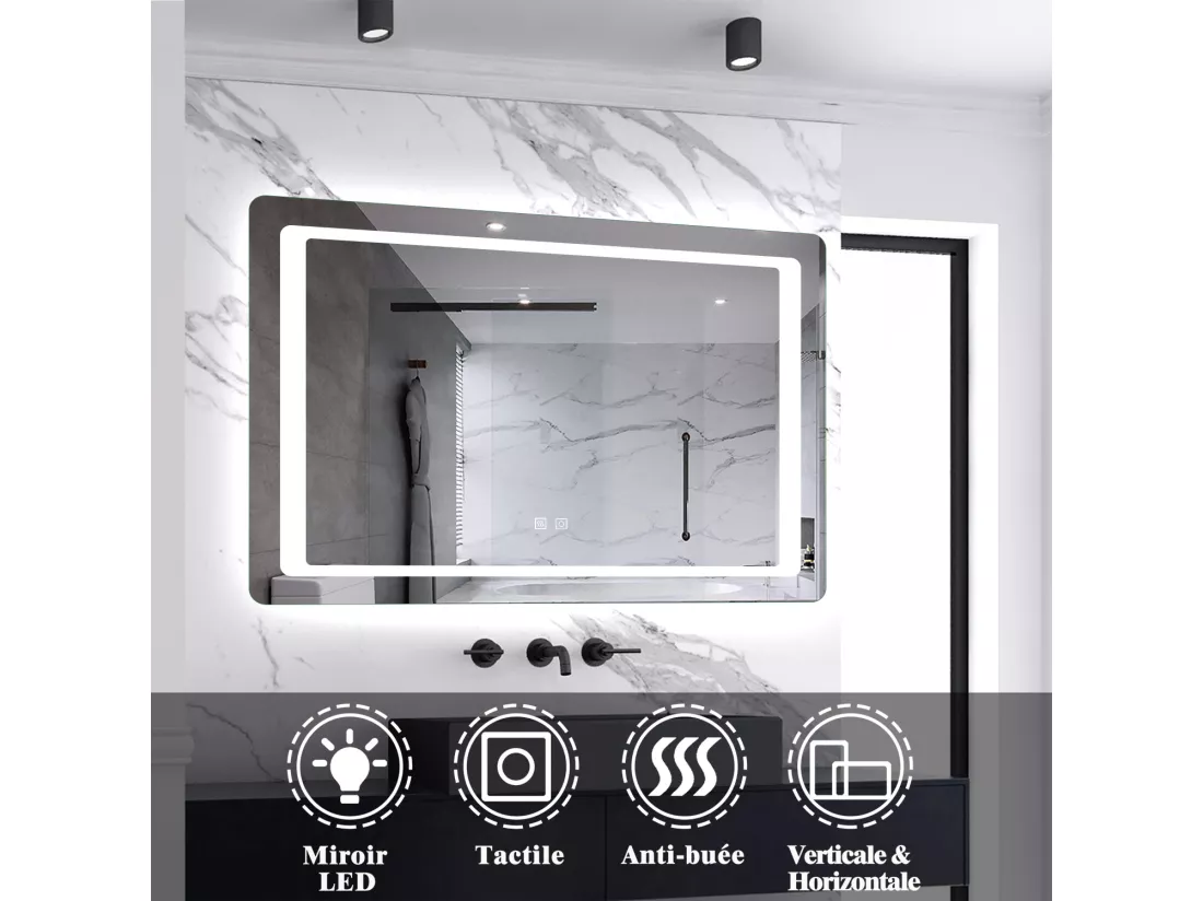 Miroir de salle de bain lumineux l.80 x H.60cm avec Anti-buée, Mural Miroir