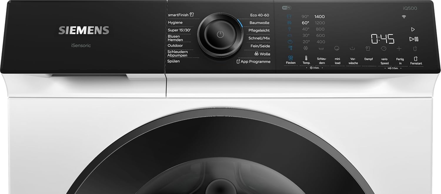 Siemens WG44H2MECO, iQ500 Smarte Waschmaschine 9 kg, Frontlader, 1400 UpM, speedPack L, Antiflecken-System, smartFinish - Bügelhilfe, Mini load für Einzelteile, schonende Wäschepflege, LED Display