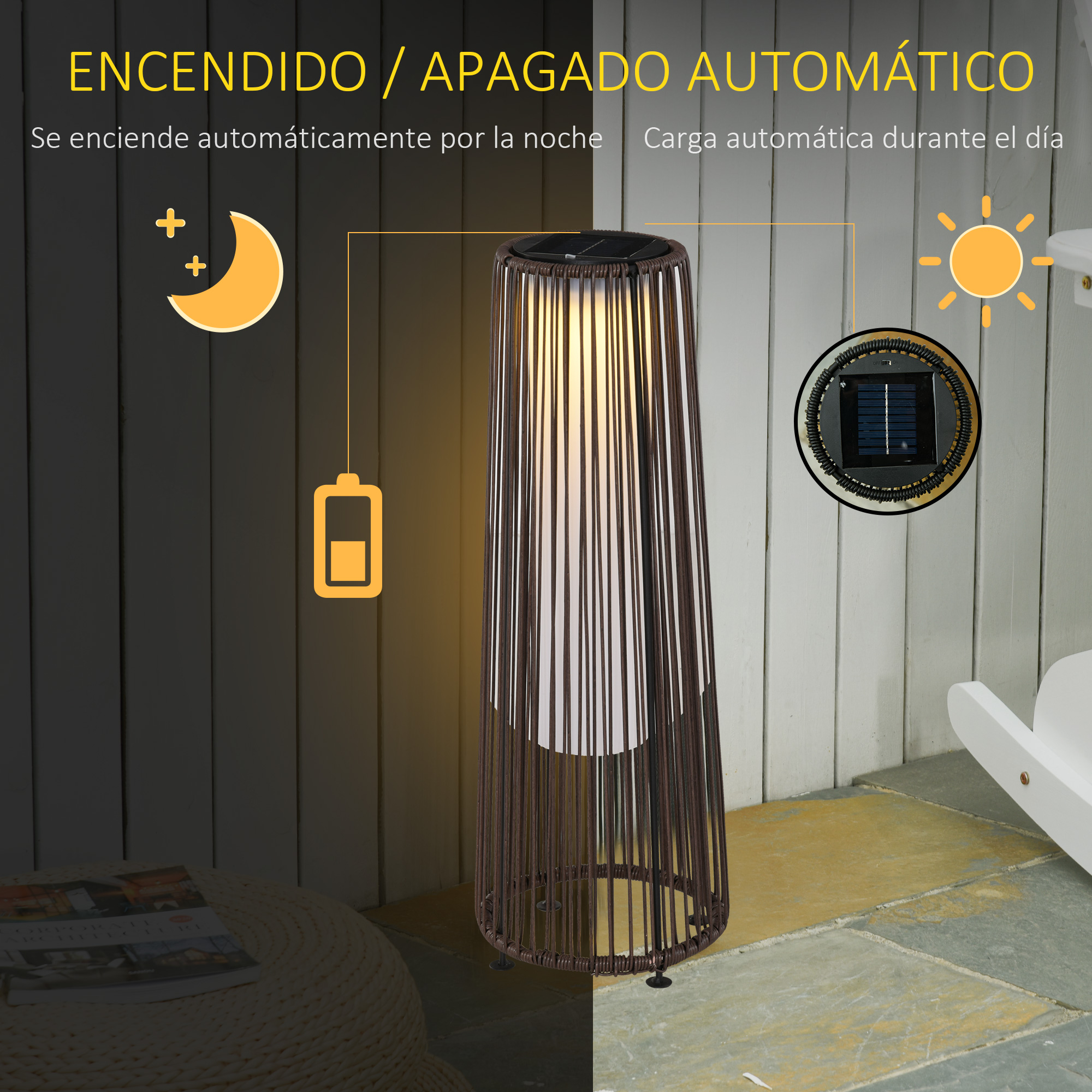 Luminária de chão Outsunny em vime de rattan com energia solar, LED de 0,8 W, interruptor de controle automático de luz, decoração para exteriores, Ø21,5 x 61 cm, marrom