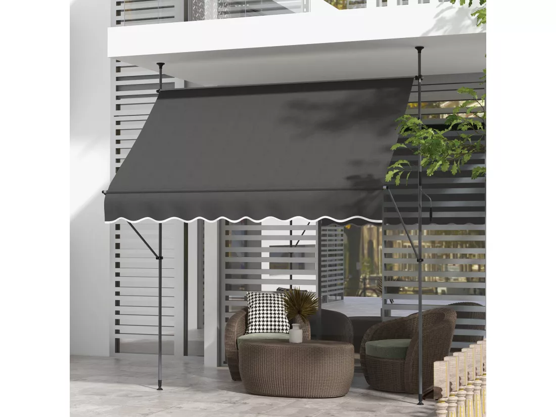 Store banne autoportant manuel rétractable 2,5L x 1,2l x 2,1-3H m inclinaison réglable métal alu polyester gris