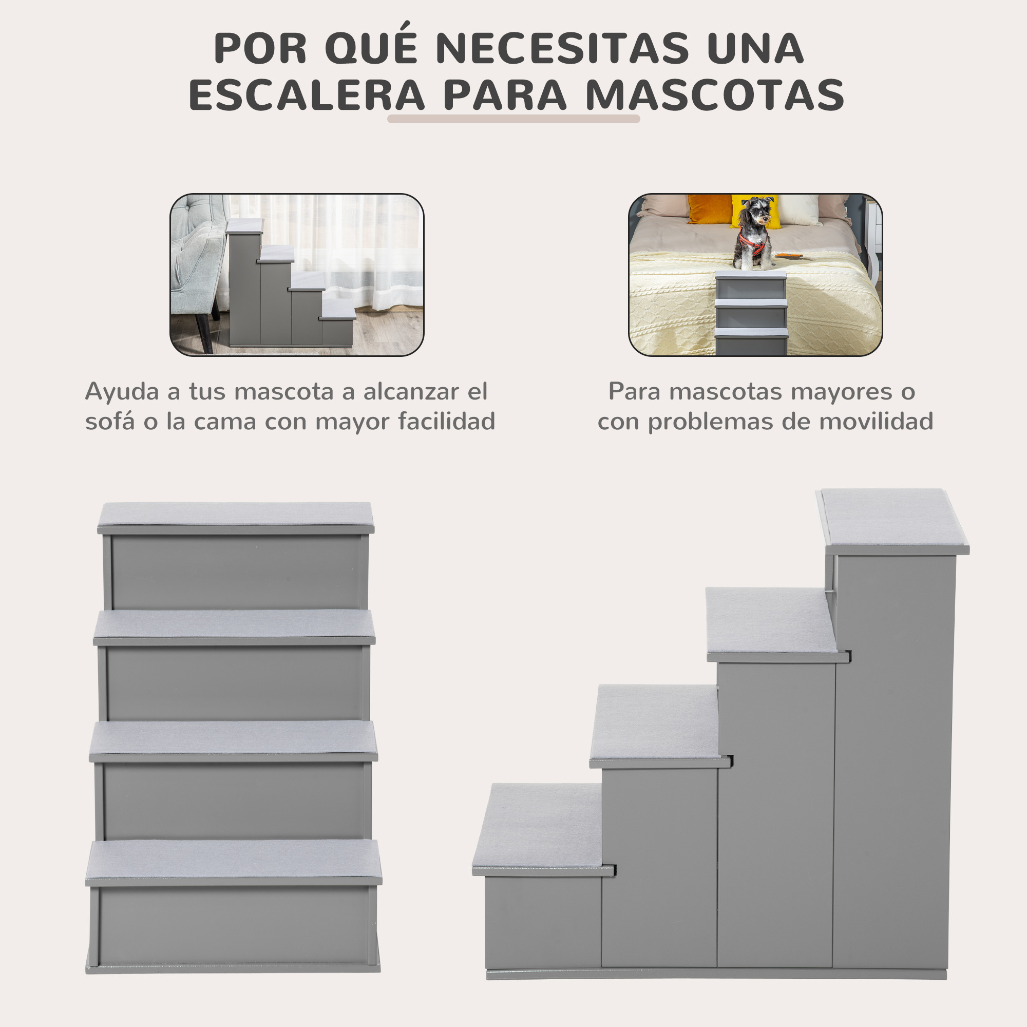 Escada para cães e gatos PawHut com 4 degraus, acolchoamento removível, capacidade de carga de 30 kg, para cama ou sofá, 40 x 59 x 54,2 cm, cinza.