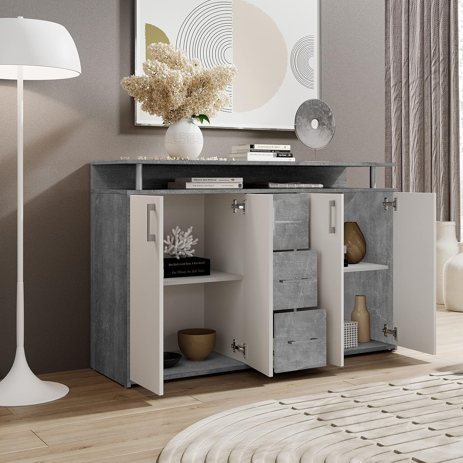 DRIFT Sideboard mit Ablage in Beton Optik, Weiß - Moderne Kommode mit Schubladen und viel Stauraum für Ihren Wohnbereich - 139 x 90 x 34 cm (B/H/T)