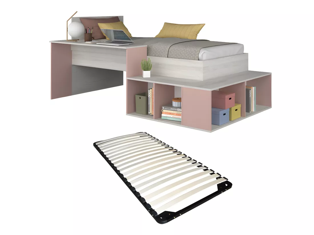 Lit combiné 90 x 200 cm avec rangements et bureau - Coloris : Naturel et rose + Sommier - RIGALI