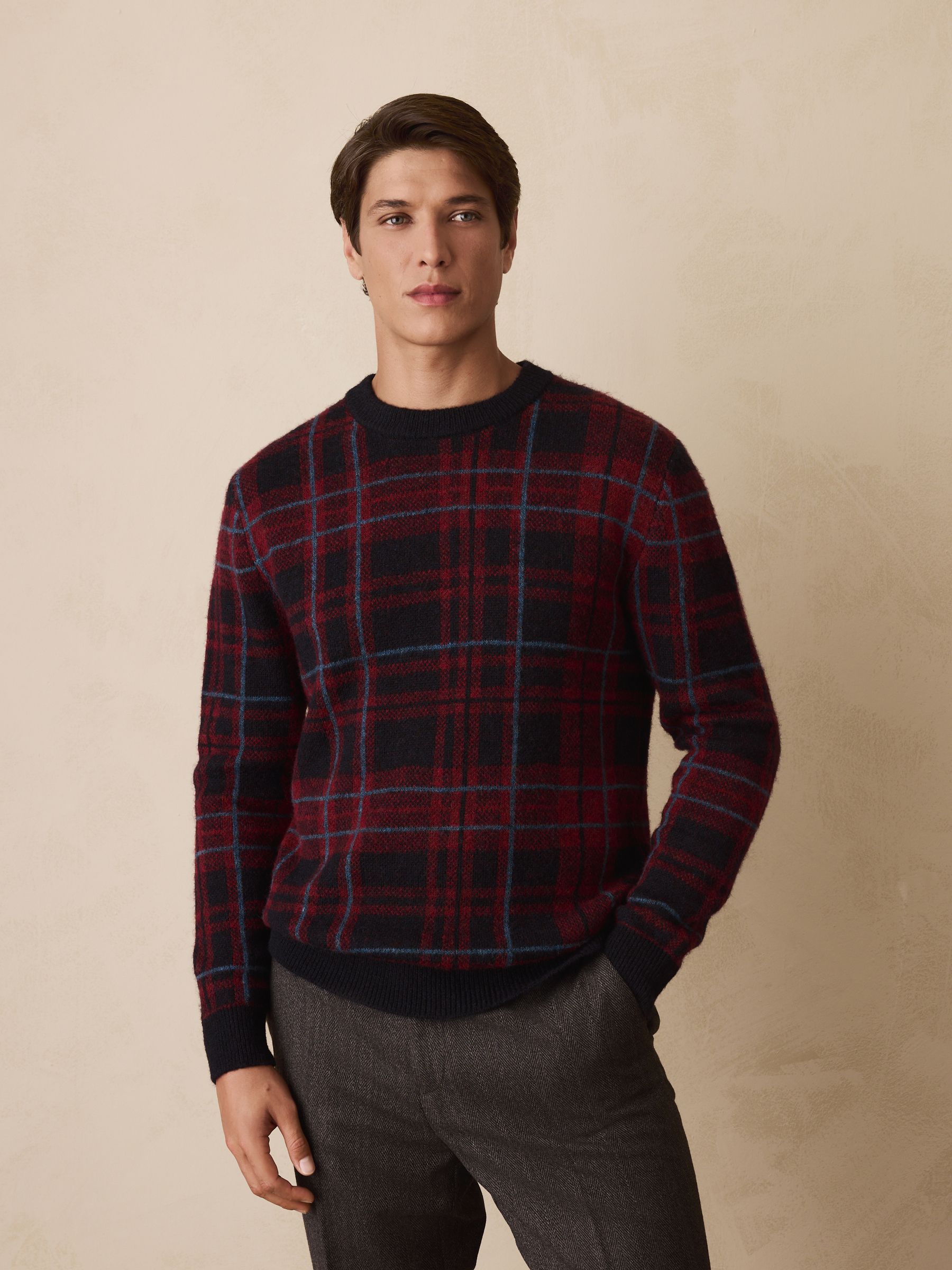 Rood/marineblauw - Regular Fit Check Crew Jumper with Wool