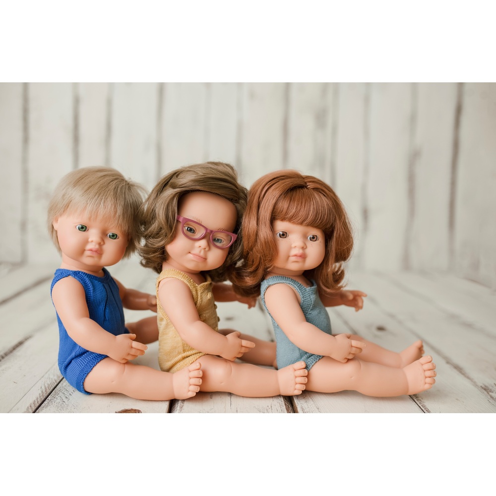 Miniland Lernpuppe Mädchen in blauem Outfit, 38 cm