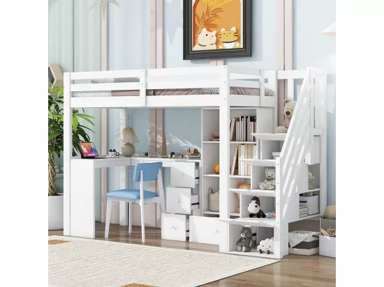 Lit mezzanine 90x200 cm, sans matelas, accoudoirs, bureau, tiroirs, armoires de rangement, marchepieds escamotables, étagères multiples, blanc
