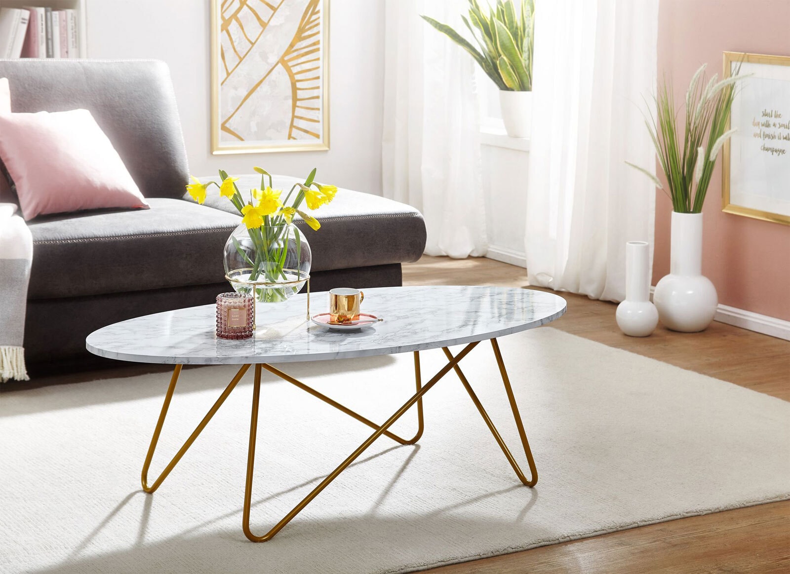 Couchtisch 120 x 60 cm Goldfarbig/Marmor Optik Weiß