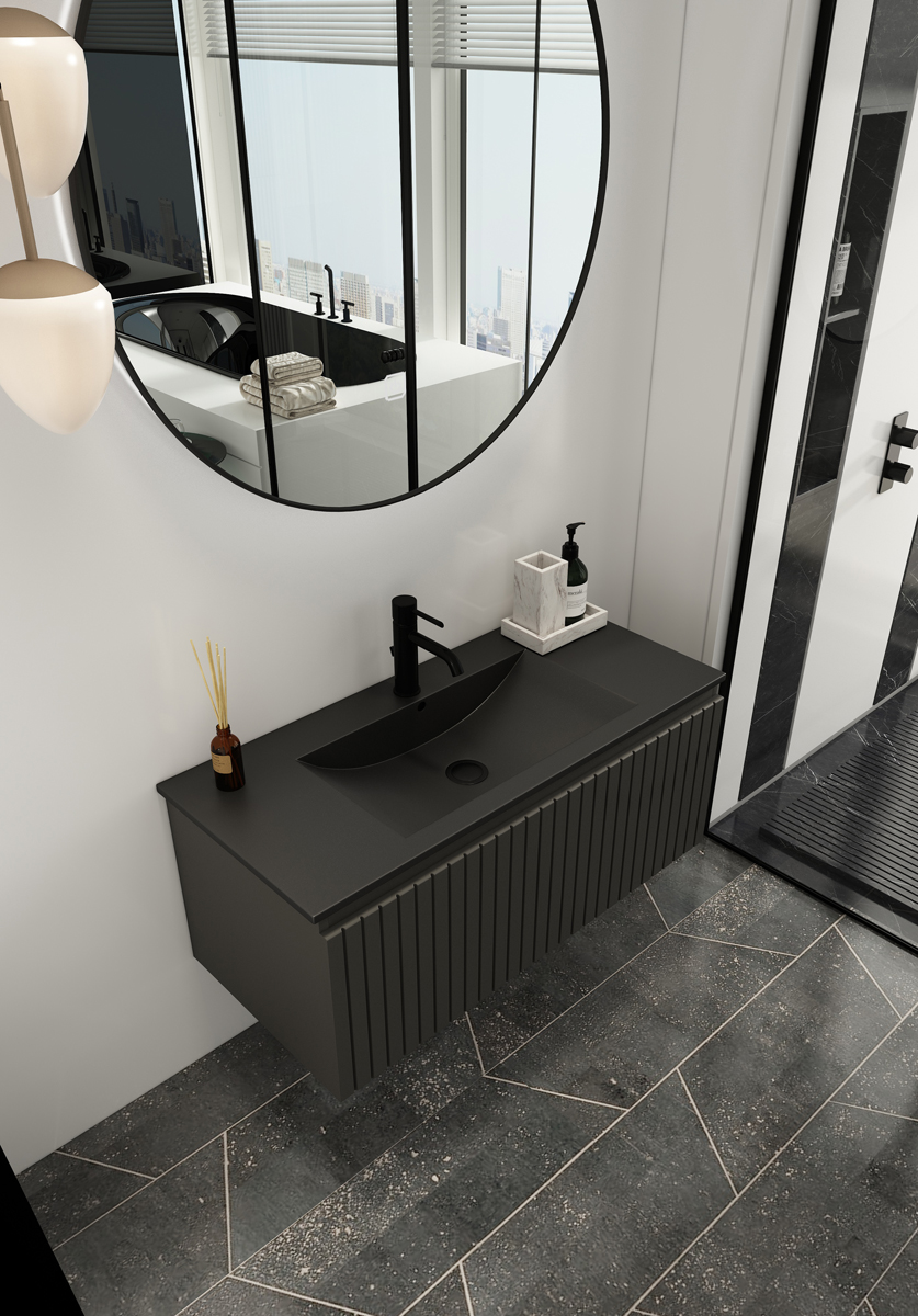 Fontana Lento zwart badmeubel ribbelfront 100cm met zwarte wastafel 1 kraangat en ronde spiegel