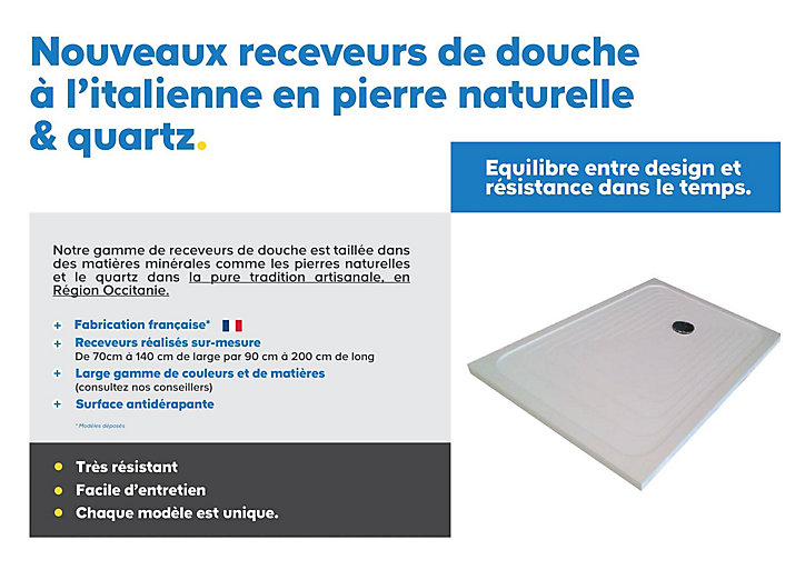 Receveur de douche à poser extra-plat pierre naturelle Atelier Galinier 90 x 120 cm