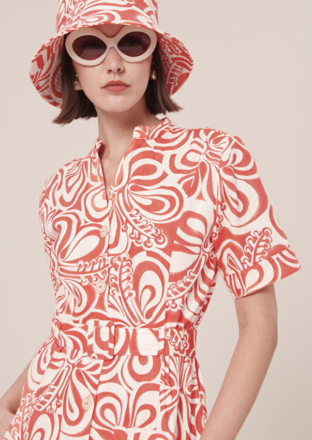 Robe Rosemarineécrue à motif graphique corail en coton