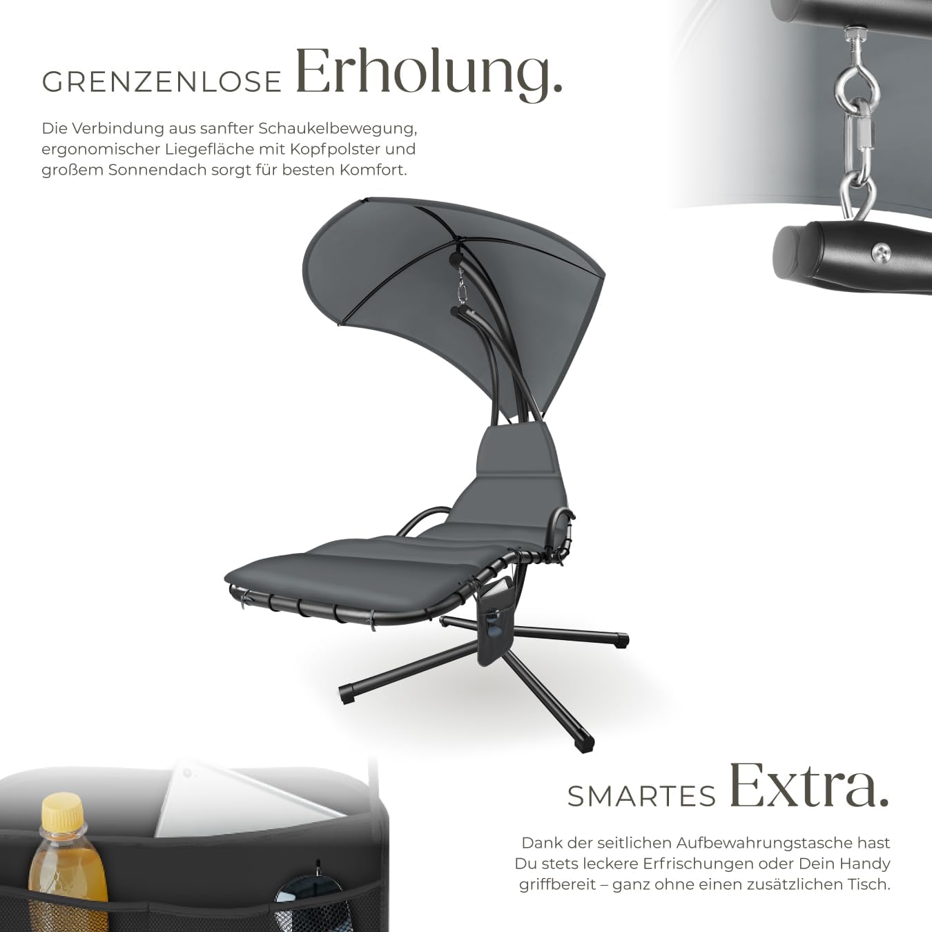 tectake® Hängeliege mit Gestell, Schwebeliege, Schwingliege mit Sonnendach, Schaukelliege, Hängesessel inkl. Tasche, Polsterauflage mit Kopfkissen, für Garten, Terrasse und Balkon - grau