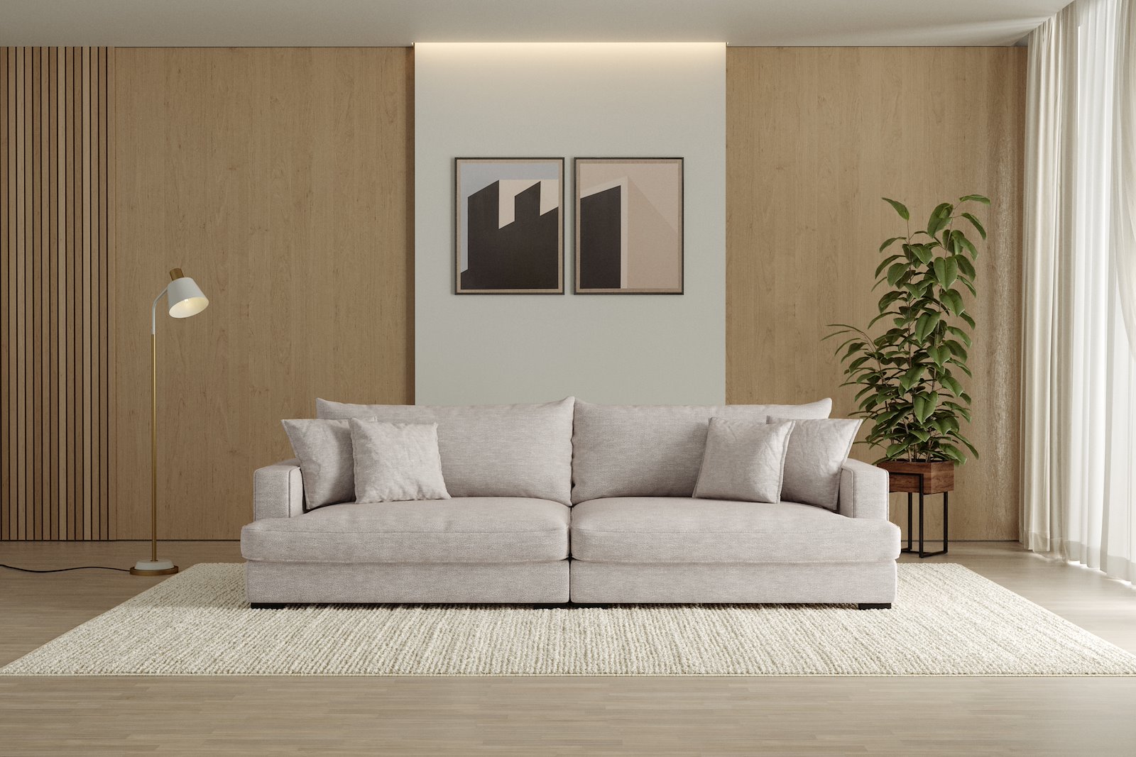 Rossi 4-seter sofa Tekstil Beatto 1027 Lys Grå, arm A med sorte ben. Std. Komfort.
