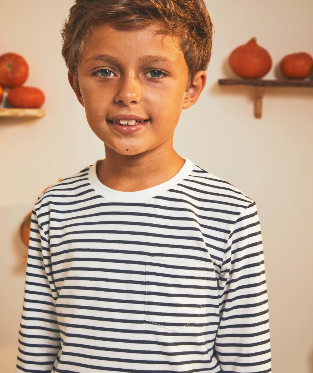 T-SHIRT GARÇON EN COTON ET À RAYURES BLEU MARINE AVEC POCHE