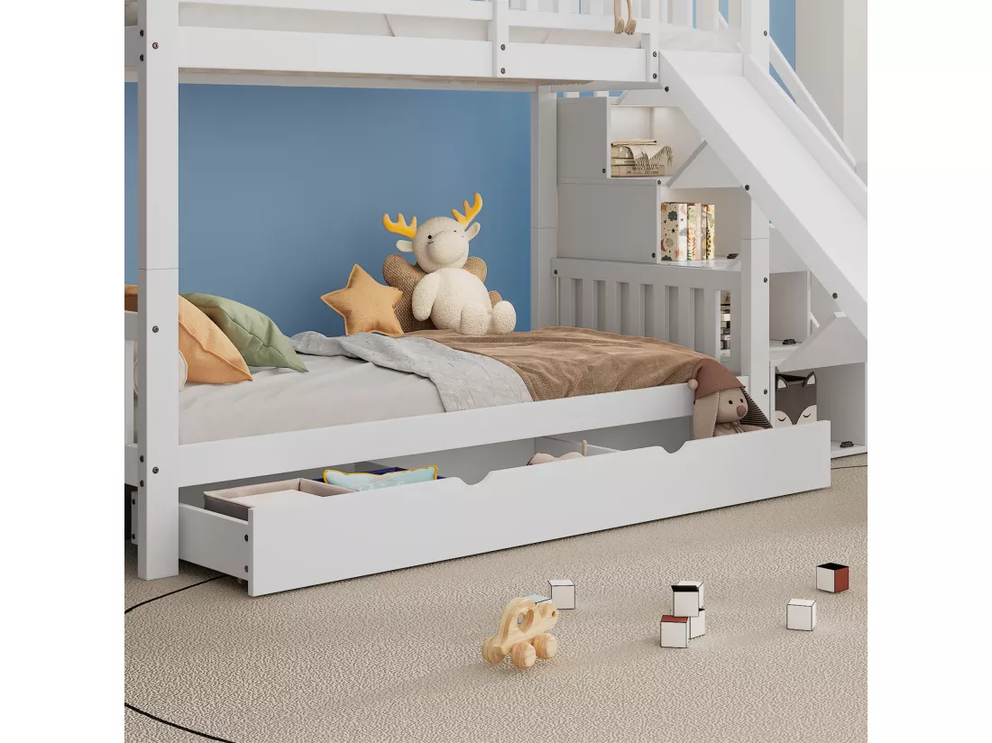 Lit superposé 90x200cm en bois et MDF - avec toboggan et escalier de rangement - un grand tiroir sous le lit - Blanc