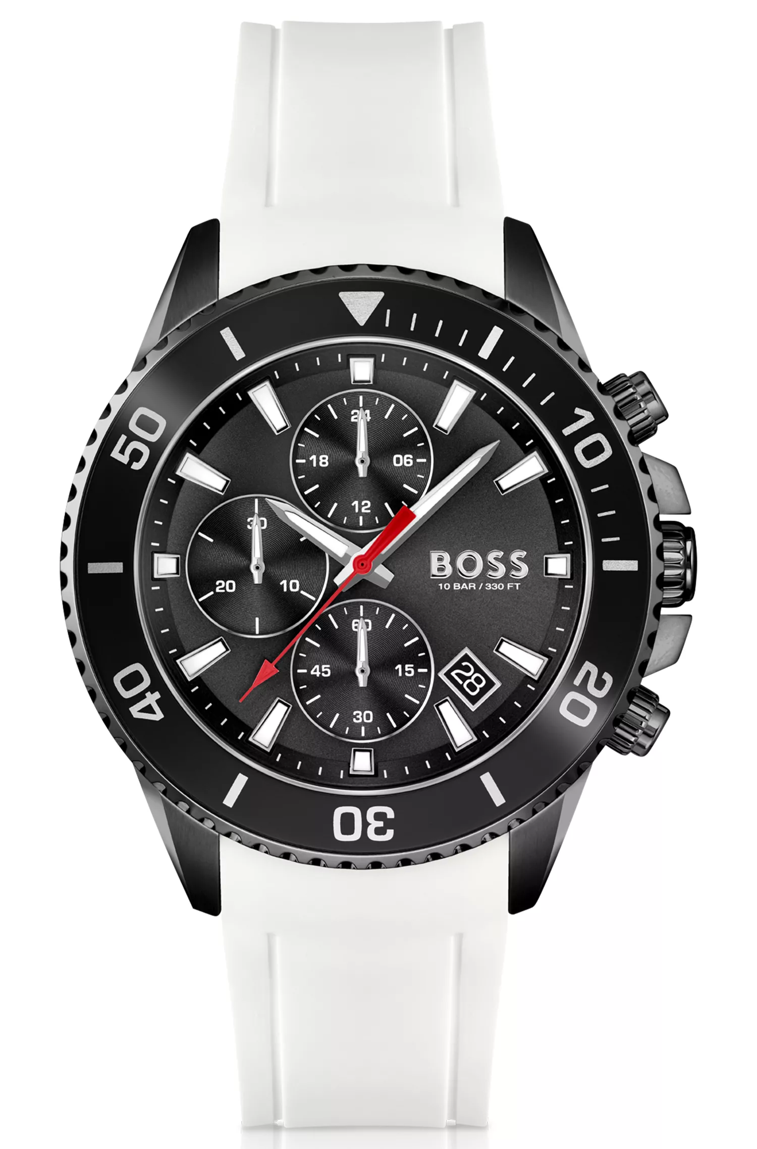 Relógio cronógrafo BOSS com pulseira de silicone preta e branca e mostrador preto.