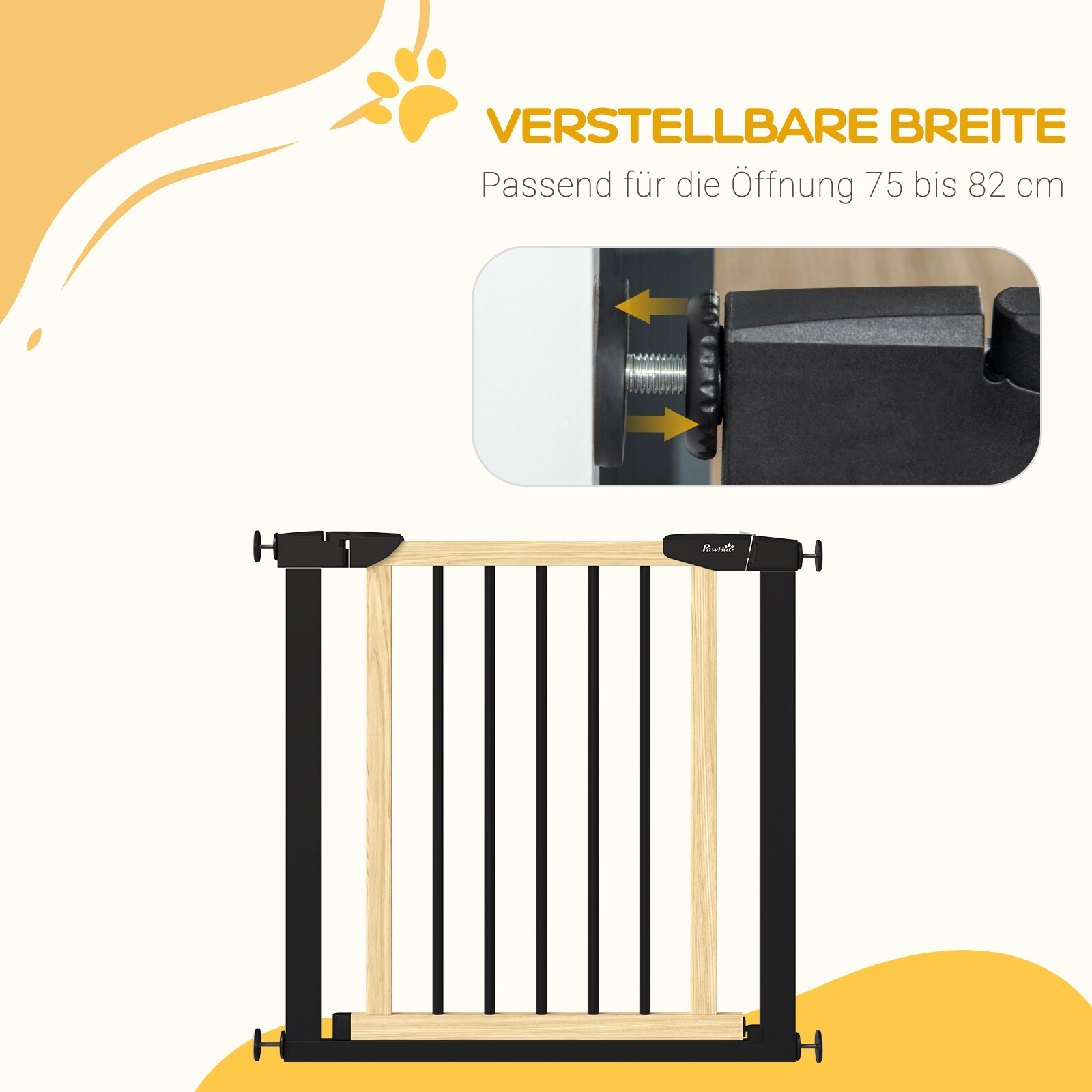 PawHut Türschutzgitter mit automatisch schließender Tür schwarz, natur 82L x 2B x 74H cm