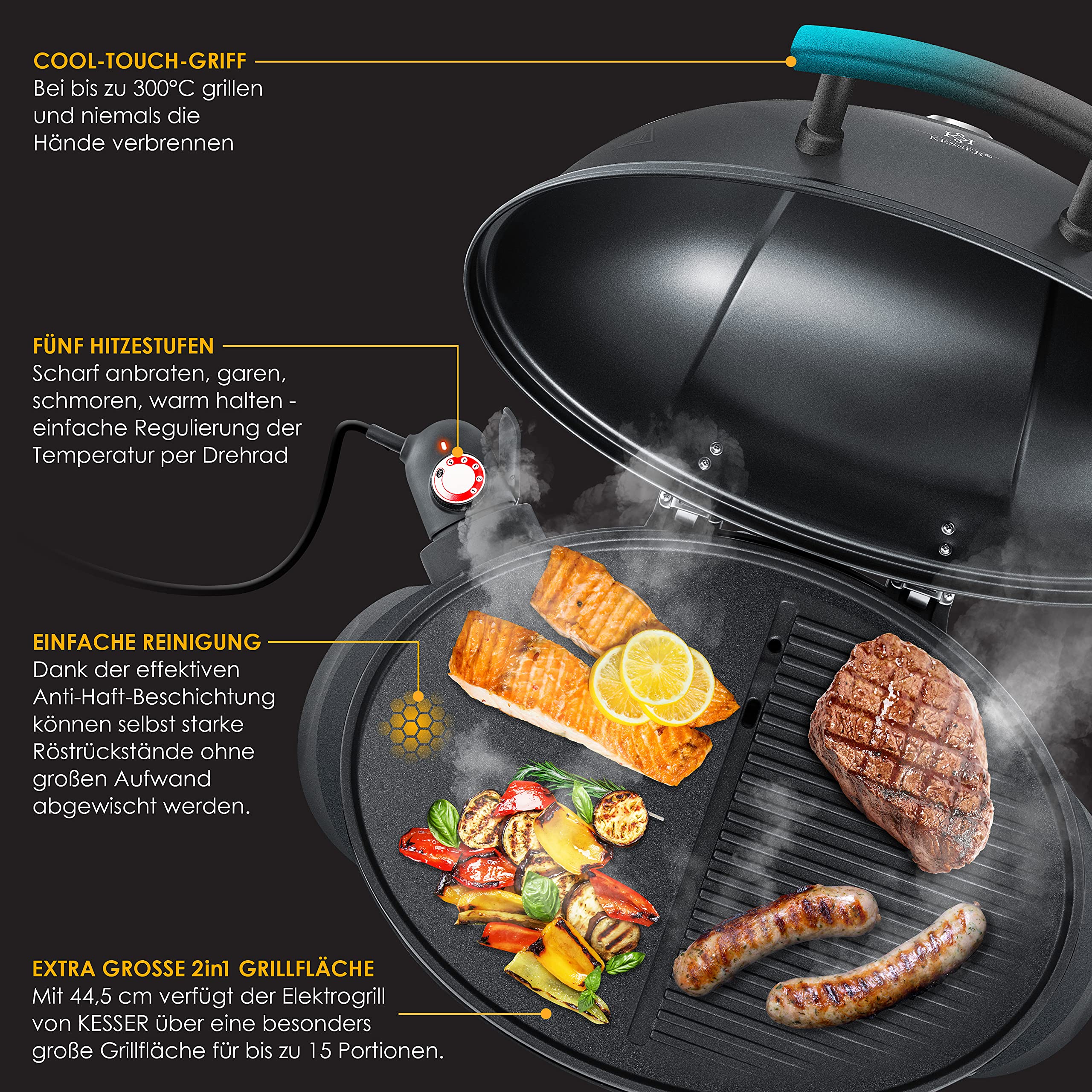 KESSER® Barbecue électrique 2 en 1, sur pied avec couvercle, Thermomètre maximum 2400 W, Revêtement antiadhésif, Plaque de cuisson XXL, Surface de rangement intégrée, Barbecue colonne électrique