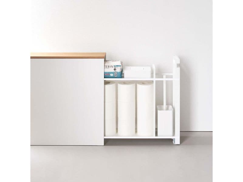 Yamazaki Badezimmerregal Tower 56 x 55 cm, Weiss Auszieh-Regal mit Holzablage
