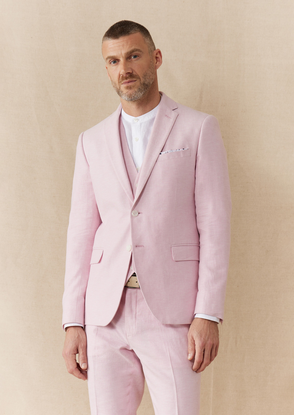 Veste coordonnable Slim en coton et lin unis rose