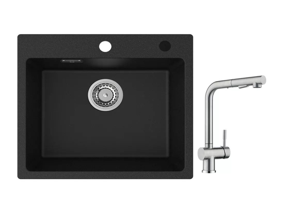 Cecipa max Evier Quartz Noir 50x45cm Evier 1 Bac en Quartz Evier de Cuisine en Granit + Robinet avec Douchette Mitigeur d'évier Extractible Brossé