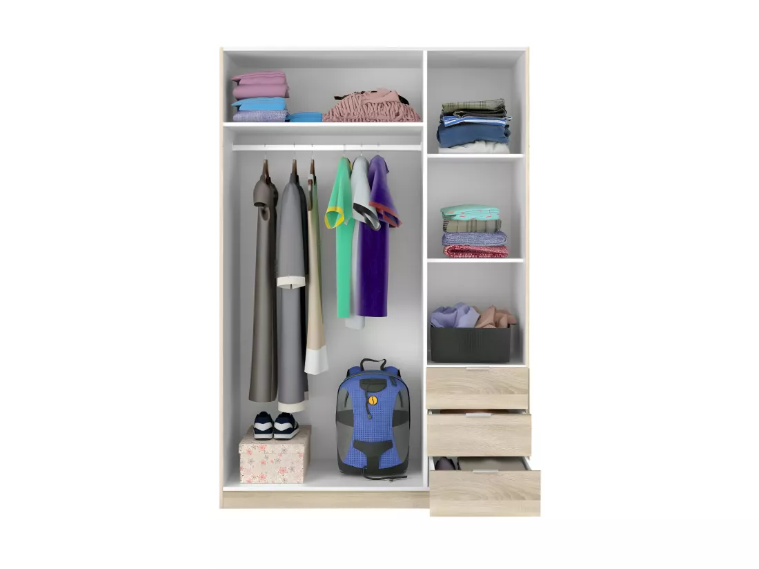 Armoire 3 portes battantes + 3 tiroirs Chêne - WAO - L 135 x l 52 x H 200 cm
