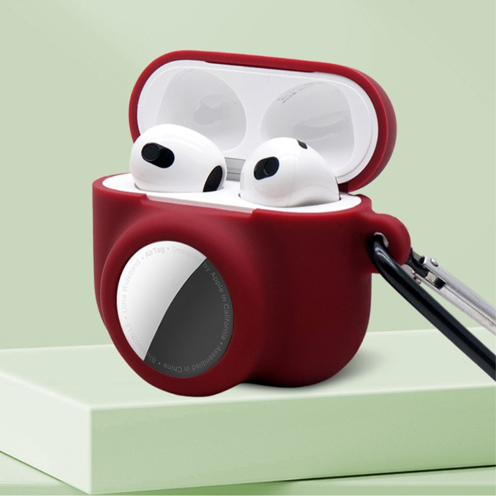 2in1 AirPods (3. Generation)   AirTag Silikon Case Schutzhülle Abdeckung mit Karabinerhaken - Schwarz