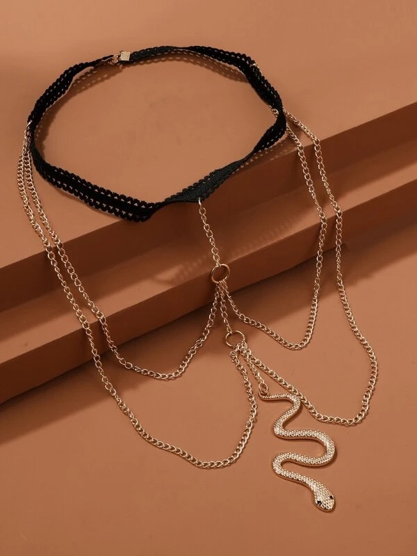 (Ø18-30cm) Elastische Bein Kette Boho Körper Schmuck Oberschenkel Festival Accessoire Schlange - Gold / Schwarz