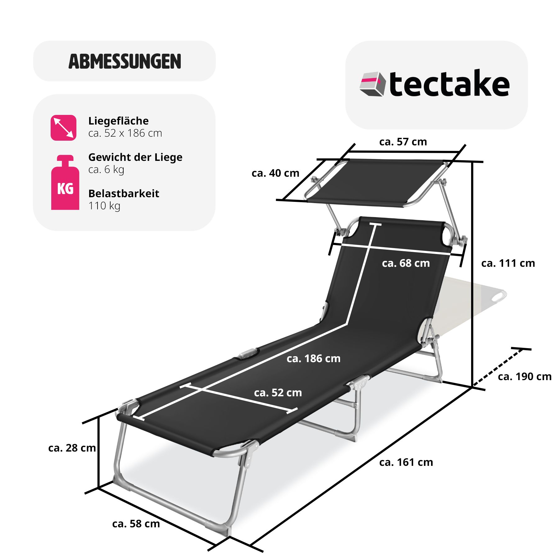 tectake® 2er Set Gartenliege, klappbar, 4-fach verstellbare Rückenlehne, 190 x 68 x 28 cm