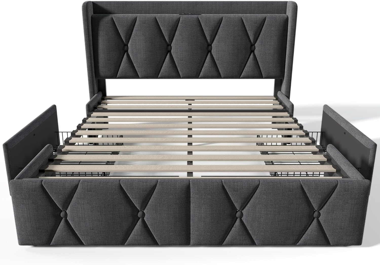 Merax Polsterbett Doppelbett mit USB-Ladefunktion und 4 Schubladen – Doppelbett 160x200cm, Stauraumbett mit Holzlattenrost in stilvollem Grau (Ohne Matratze)