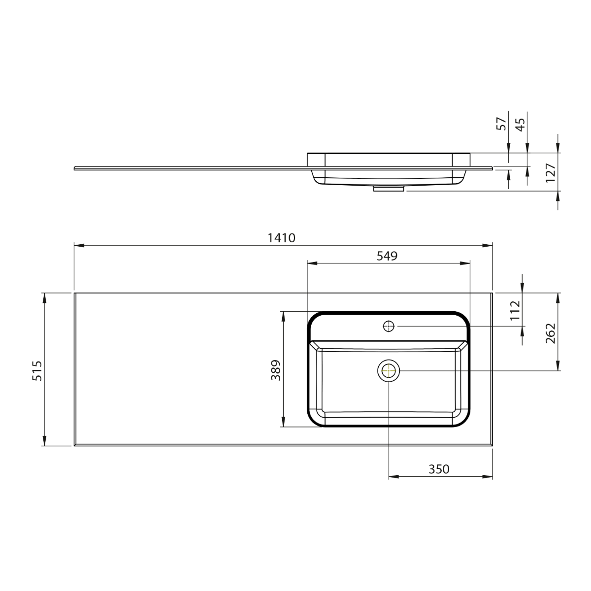Sapho Brahea wastafel 140x50cm solid surface wit mat met smalle rand en kraangat rechts