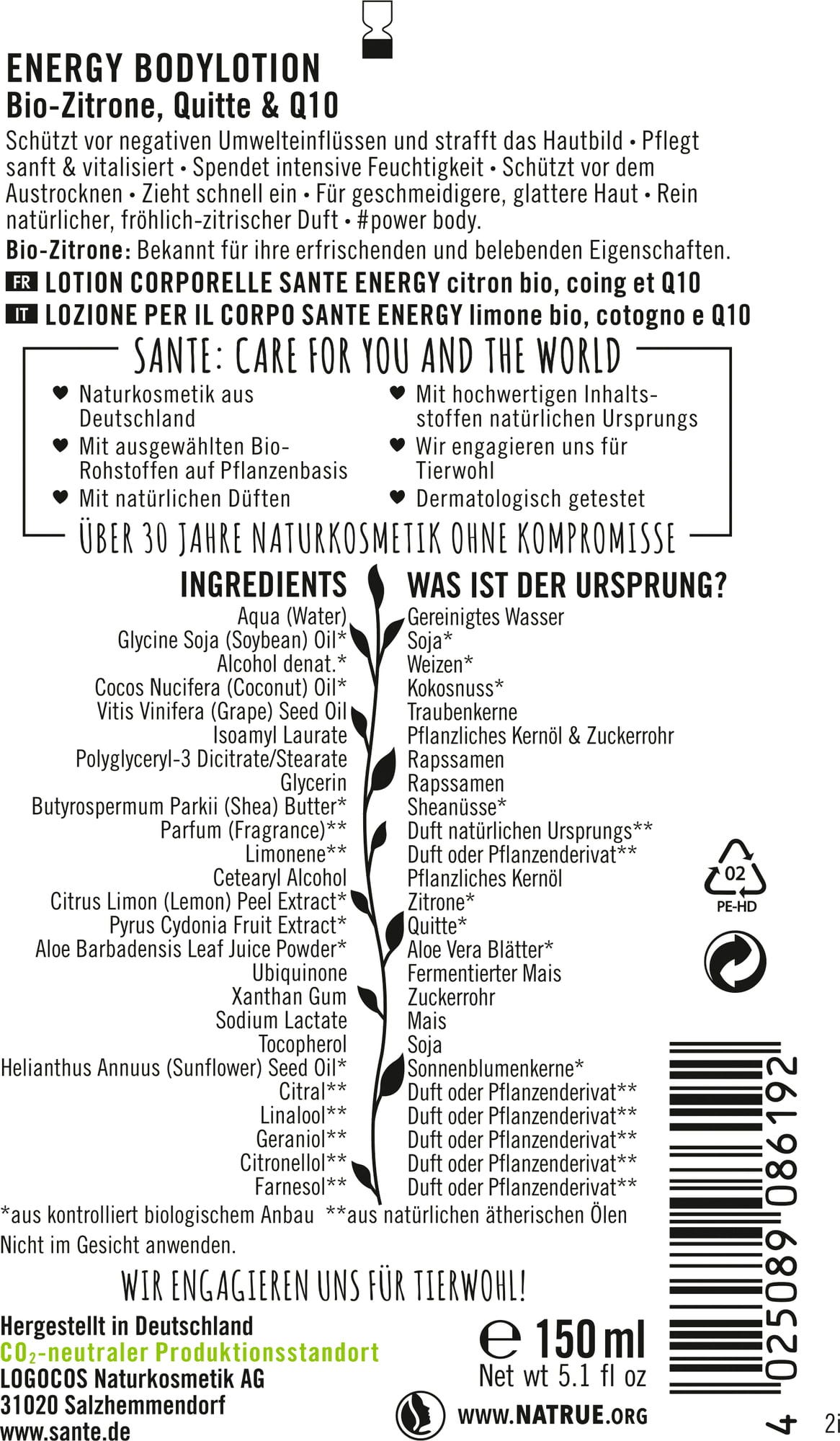 Santé naturally.  ENERGY Bodylotion Bio-Zitrone & Quitte, 150 ml