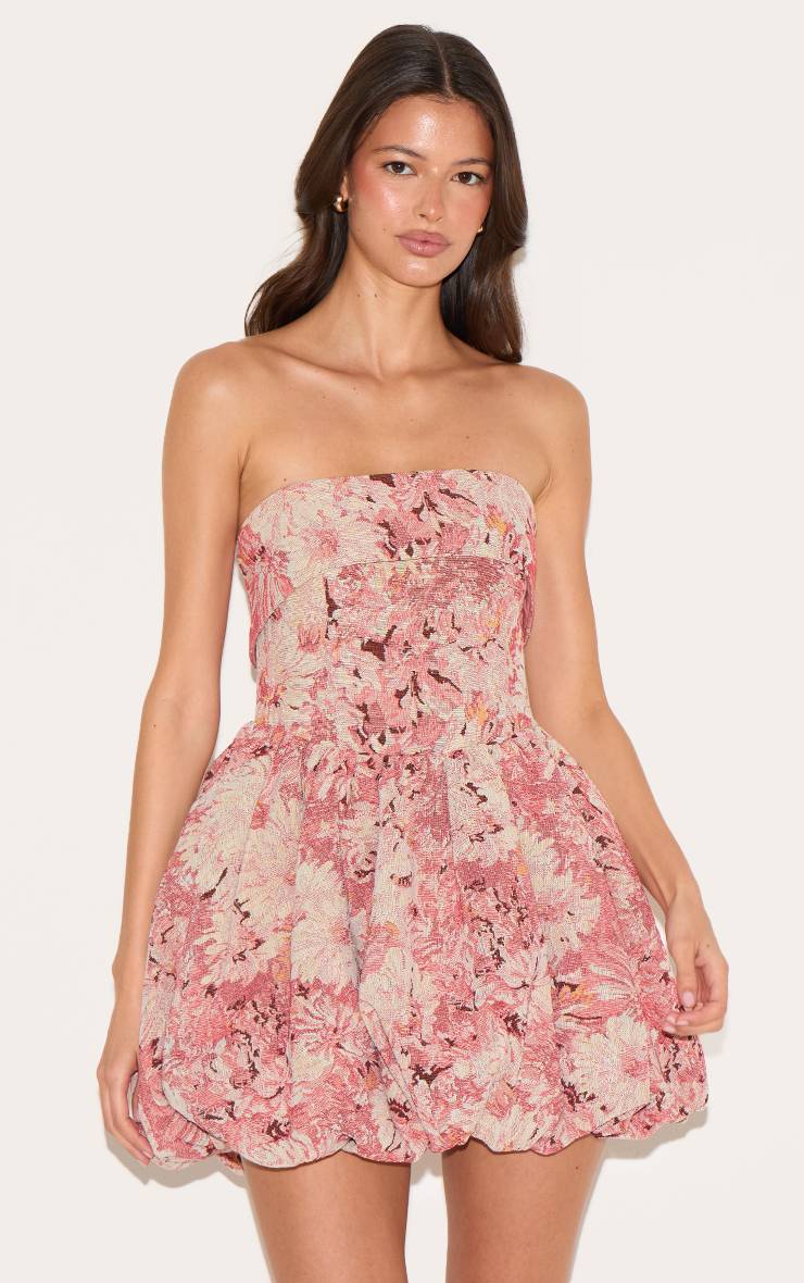 Rose Robe Bandeau À Tapisserie Florale Avec Jupe Bouffante Extrême