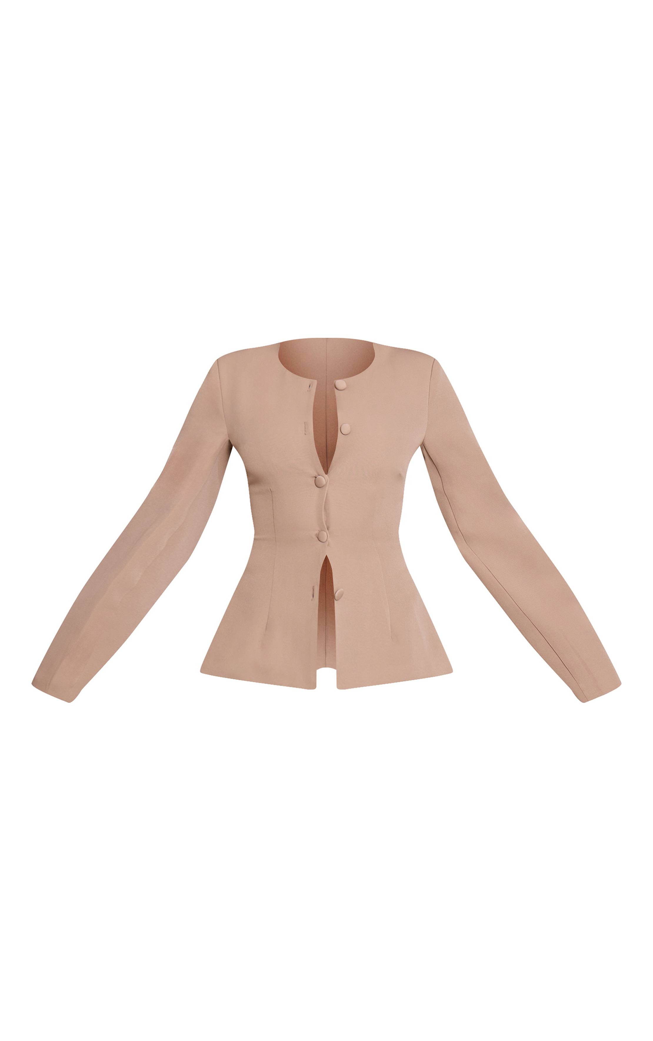 Taupe Ensemble Blazer Cintré À Taille Froncée Et Manches Cocon Avec Boutonnage