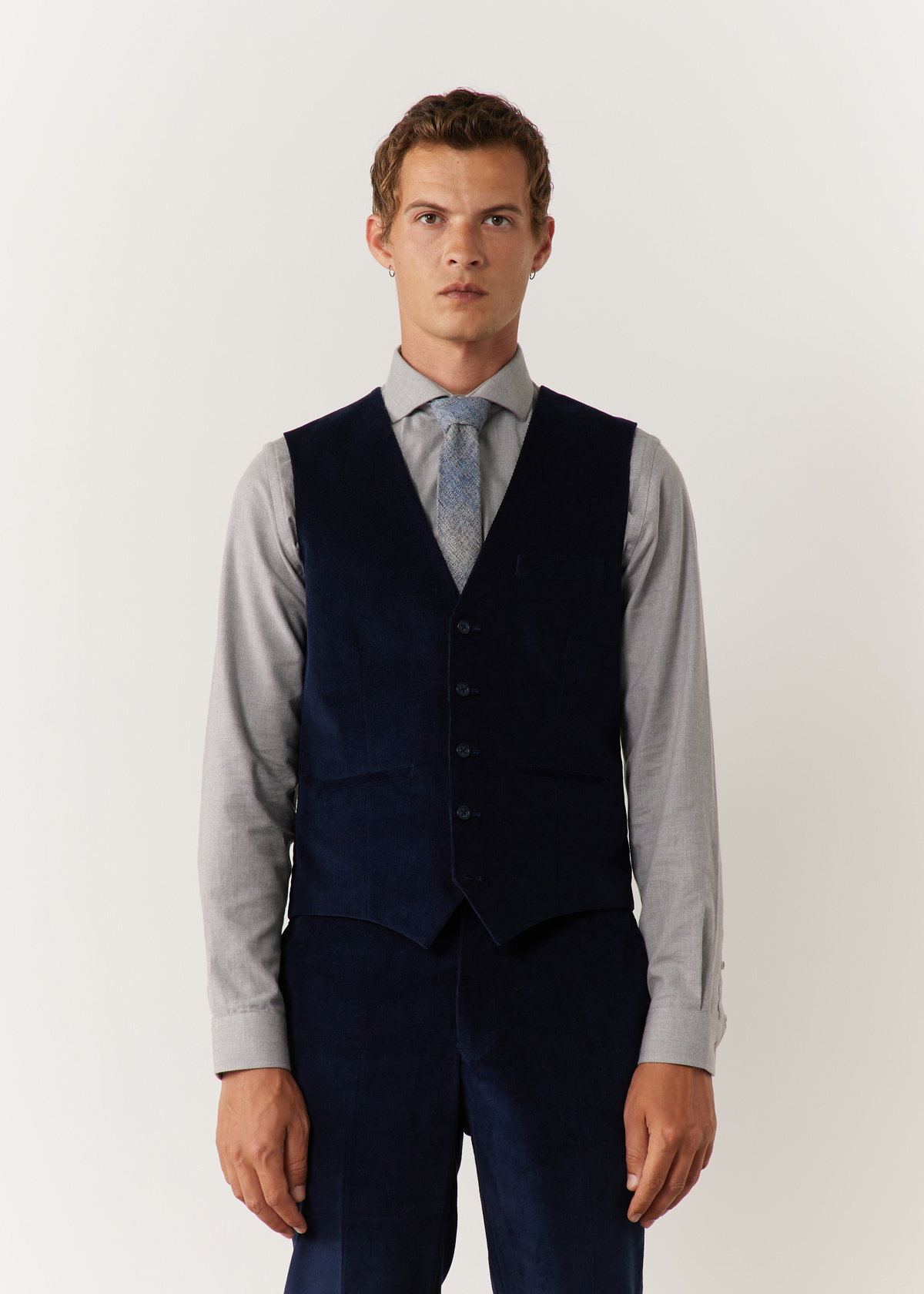 Gilet casual en velours côtelé uni bleu marine