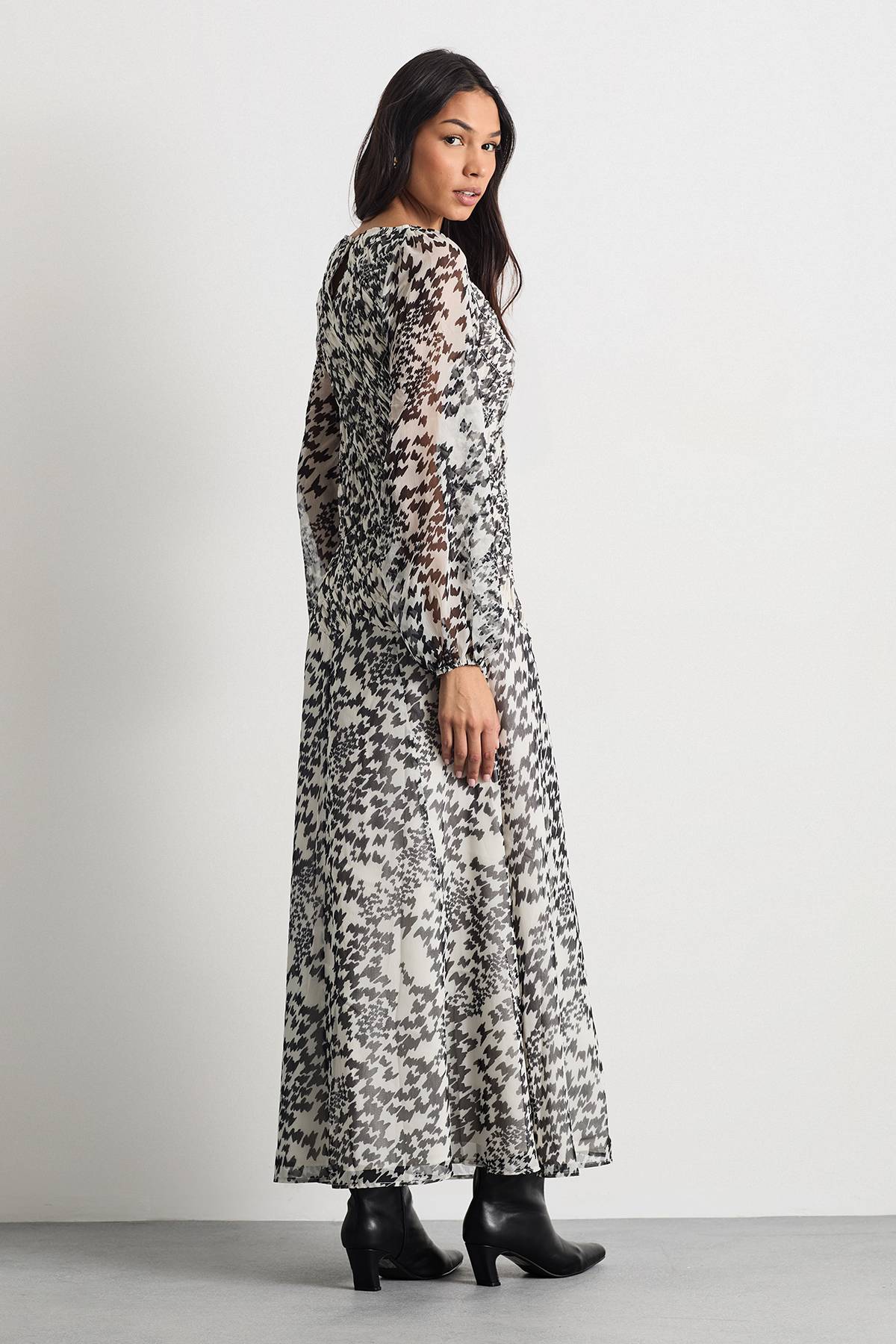 Warehouse Robe Midi Imprimée Pied-de-Poule avec Détail de Corsage Froncé