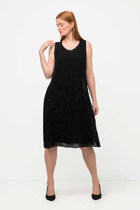 Kleid, doppellagig, Perlen, A-Linie, Rundhals, ärmellos