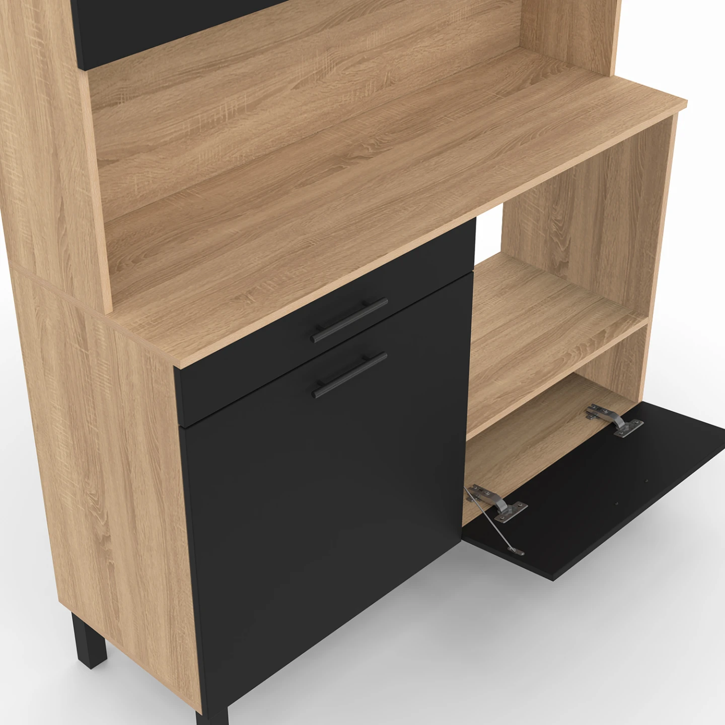 Buffet de cuisine 120 CM CINA 3 portes + 1 tiroir façon hêtre et noir