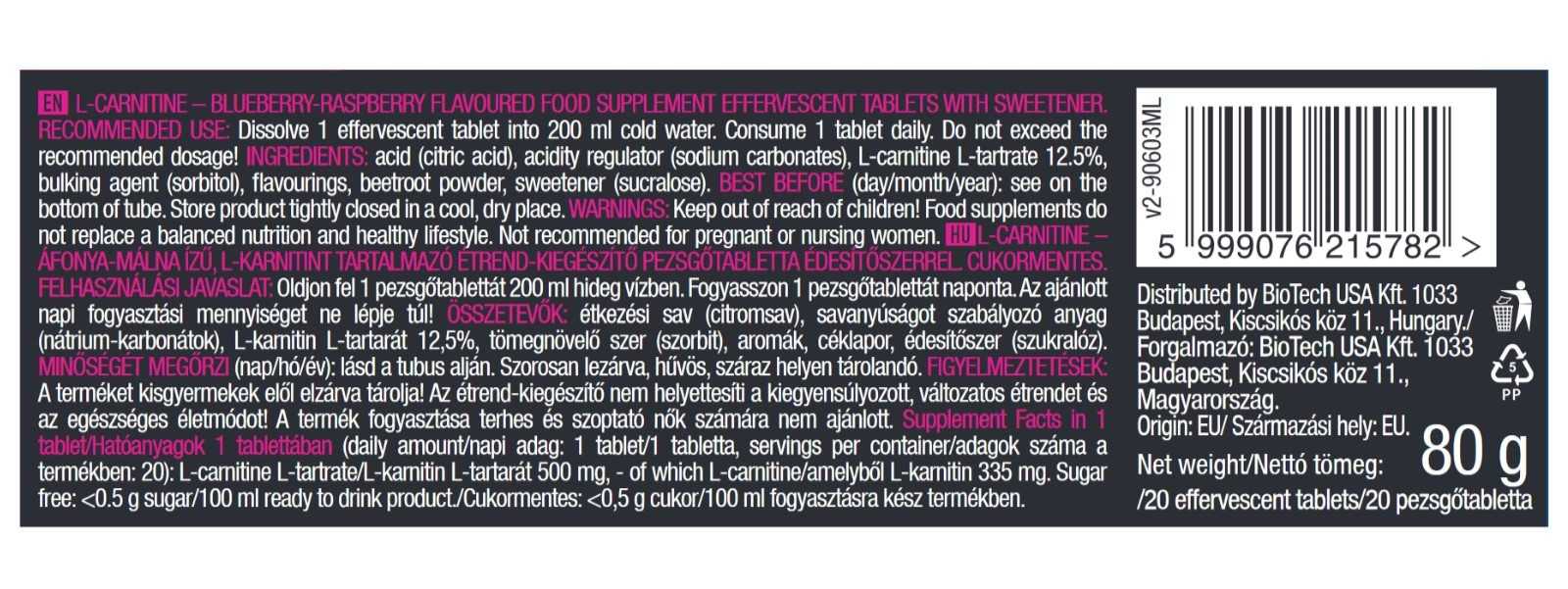 Biotech USA L-Carnitina Efervescente 20 tabletas
