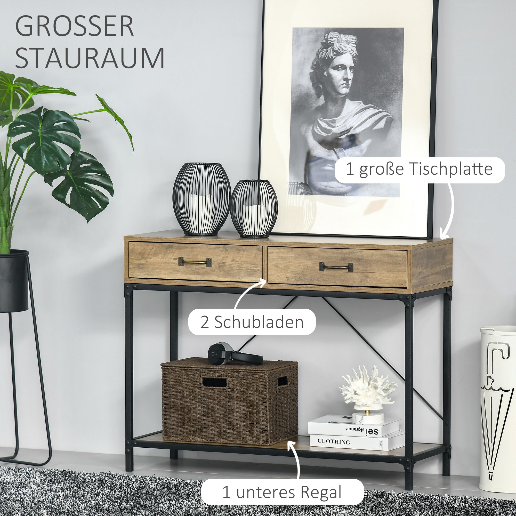 HOMCOM Konsolentisch mit 2 Schubladen natur 100L x 35B x 76,5H cm