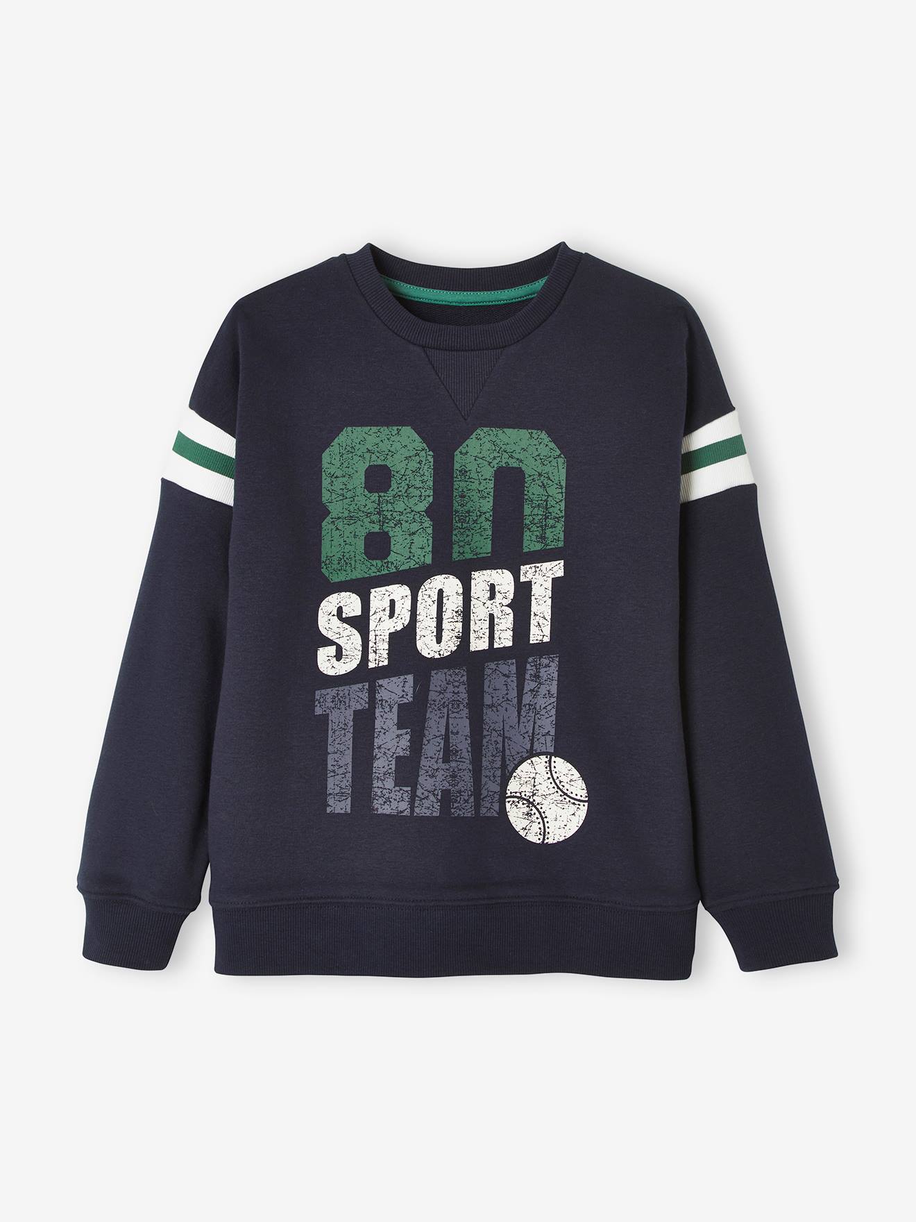Moletom infantil masculino com estampa gráfica, azul escuro liso com padrões.