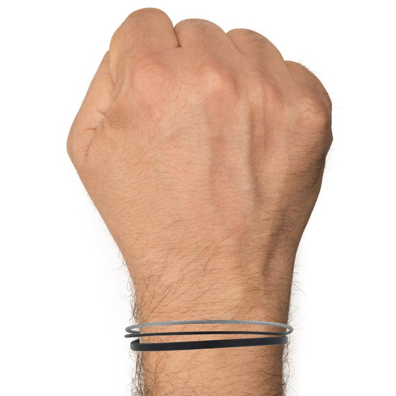 Bracelet Homme Cuir Simple et Câble Acier Inoxydable - Noir