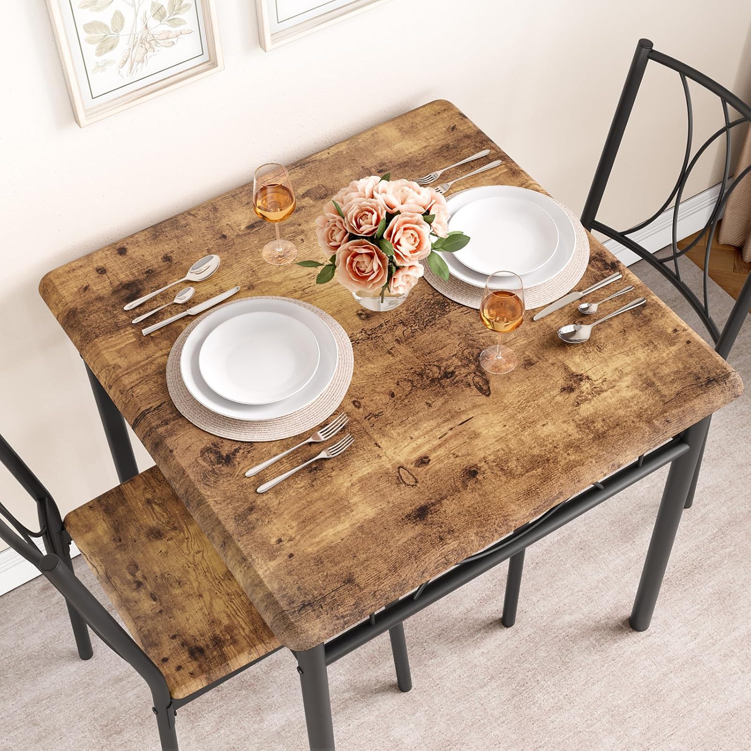 Garvee 1-Tisch-2-Stühle Esszimmer-Set, Retro-Stil Essgruppe mit MDF-Oberfläche & Eisenrahmen (100,5×76×16,2 cm)