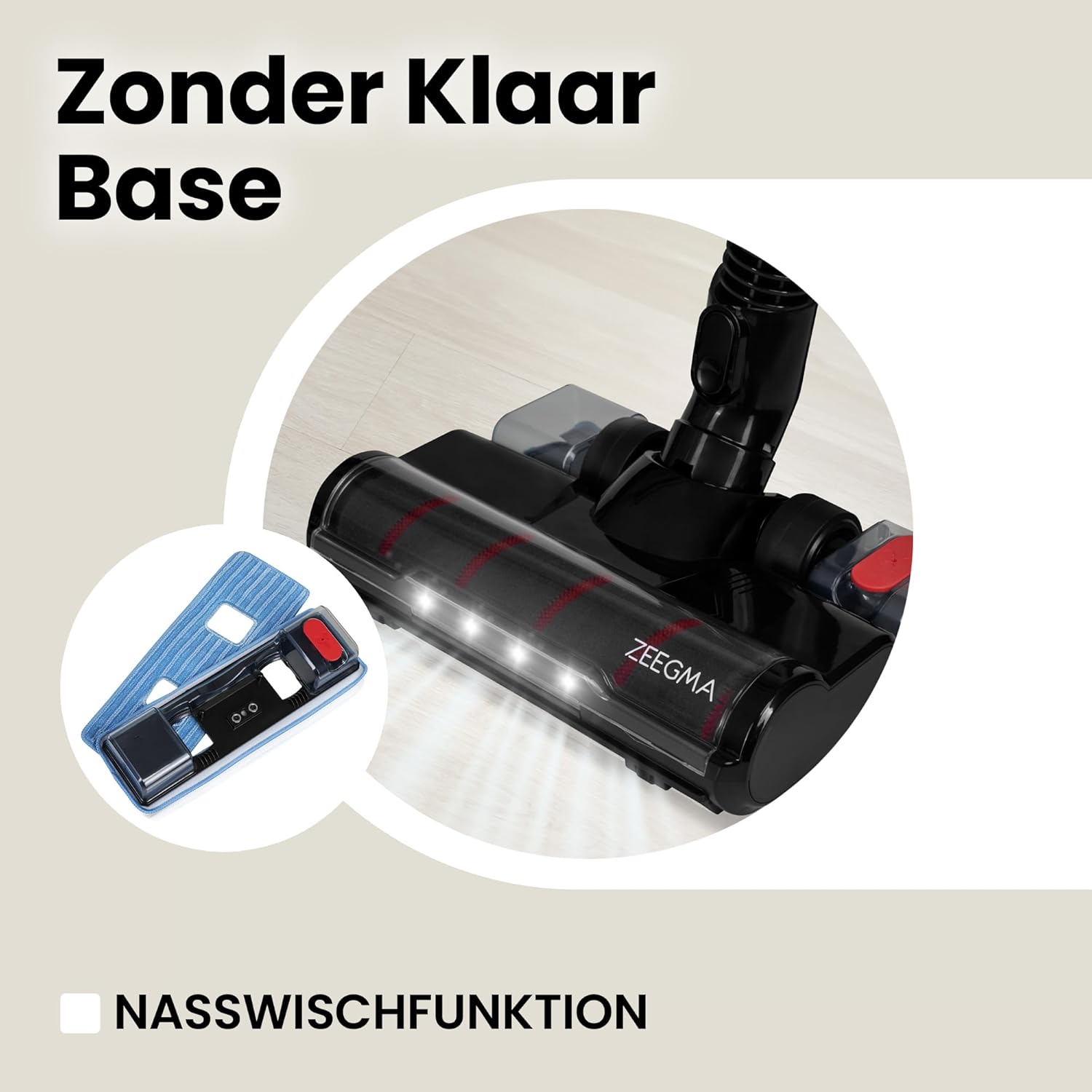 Zeegma ZONDER KLAAR Base Kabelloser aufrechter Staubsauger 250 W / 23 000 Pa, Laufzeit bis zu 55 Min., 3 Betriebsmodi, LED-Bürstentechnologie, intelligenter Staubsensor, Nassbodenreinigungsfunktion