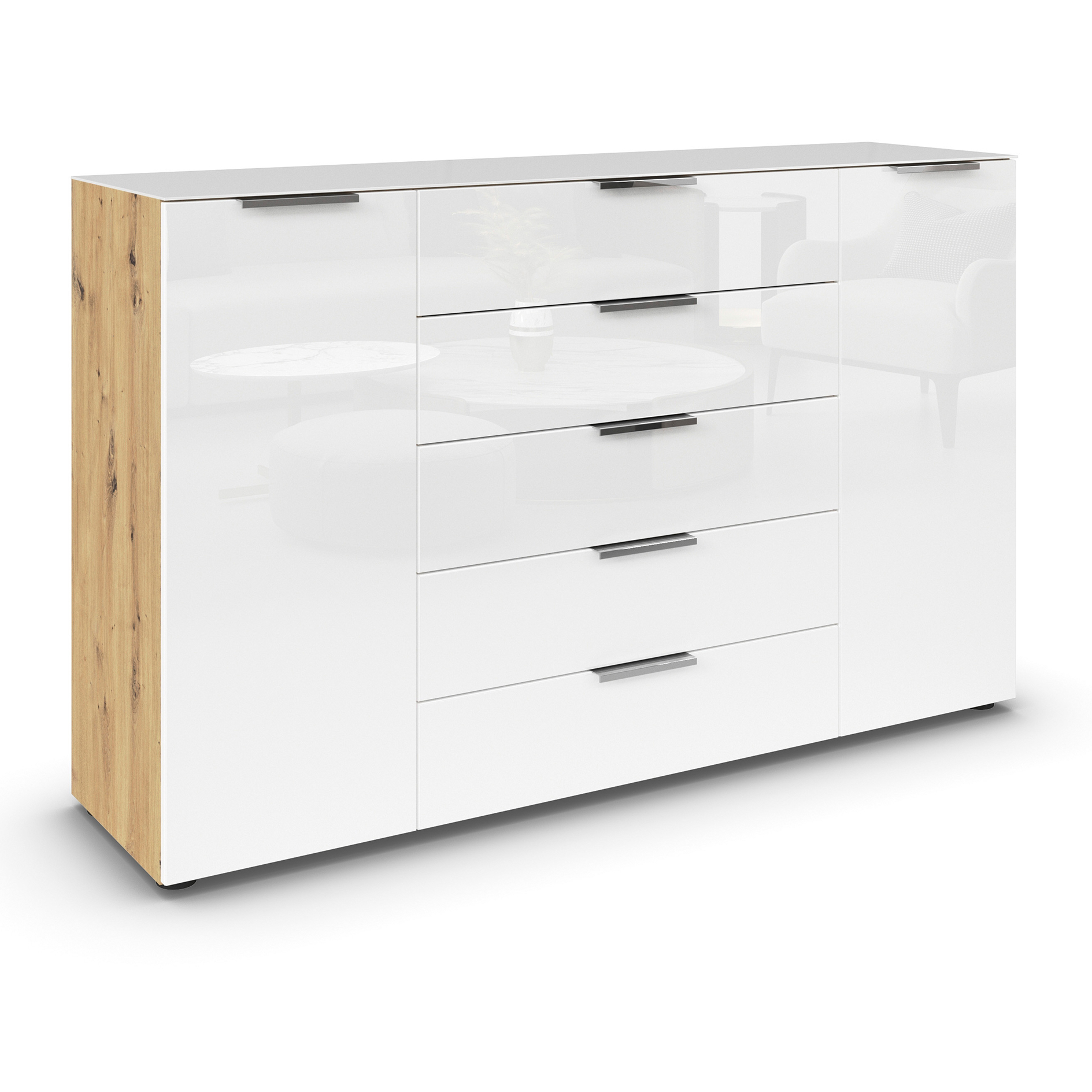 Kommode - Artisan Eiche-Kristallweißglas - Chromgriffe - 160 cm