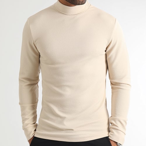 Pull Col Roulé Texturé Waffle 0536 Beige Clair
